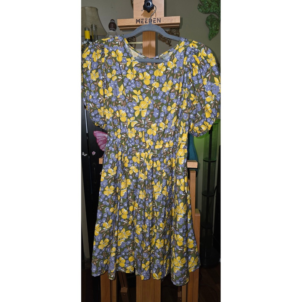 Jodifl LA Floral Puff Sleeve Smocked Back Tie Mini Dress Yellow Purple S